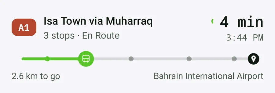 Tracking cards from the Android app: a bus 4 minutes away, a bus that has left its route, and a trip marked as boarded.