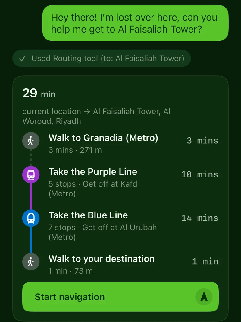 The assistant planning a trip to Al Faisaliah Tower in Riyadh: 29 minutes on the Purple and Blue lines.