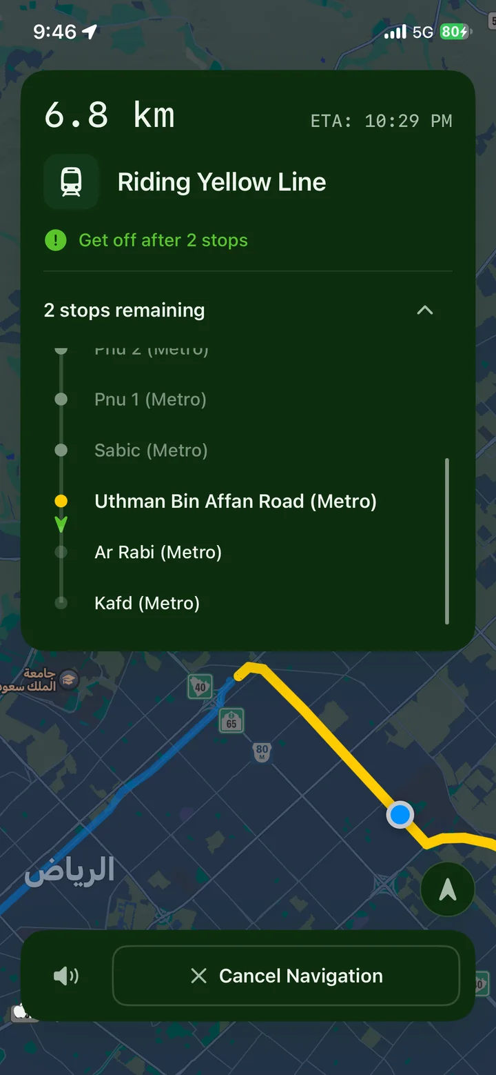 Live navigation on the Riyadh Metro Yellow Line: get off after 2 stops, 6.8 km to go.
