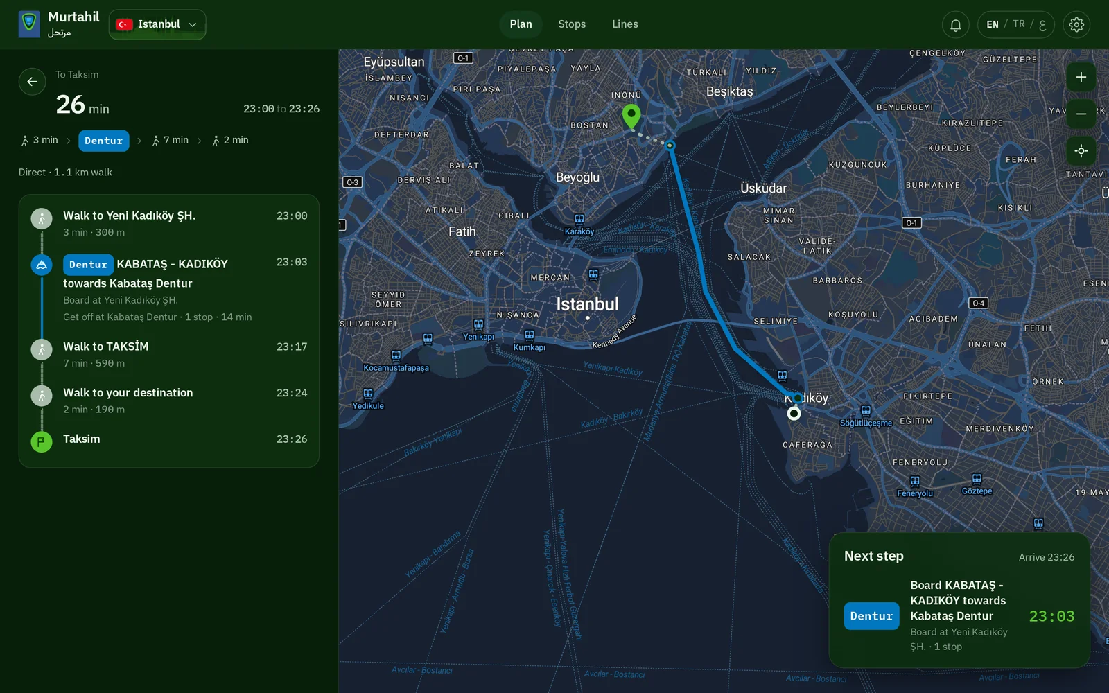 The web app in Istanbul: Kadıköy to Taksim by ferry across the Bosphorus to Kabataş, then a short walk.