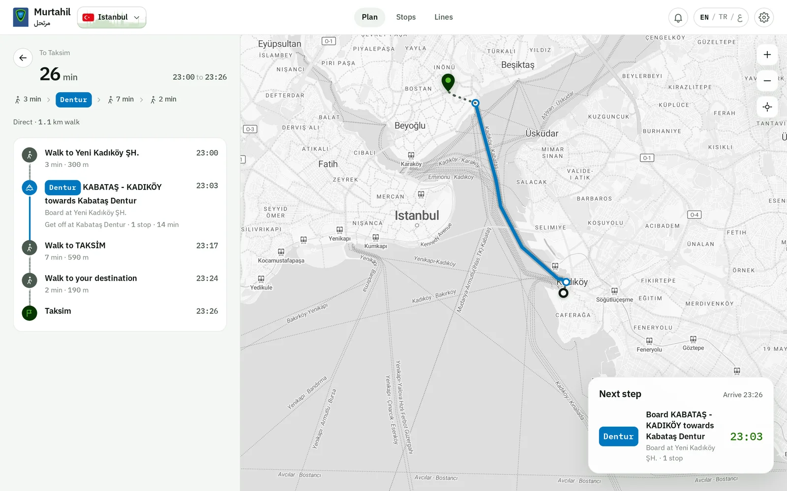The web app in Istanbul: Kadıköy to Taksim by ferry across the Bosphorus to Kabataş, then a short walk.