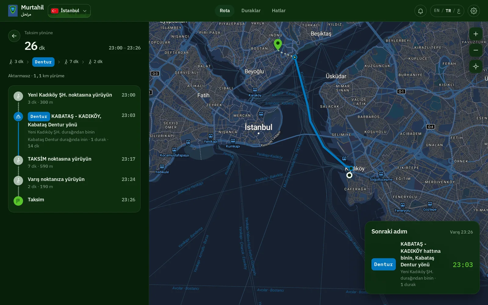 İstanbul’da web uygulaması: Kadıköy’den Taksim’e, Boğaz’ı vapurla geçip Kabataş’a, ardından kısa bir yürüyüş.