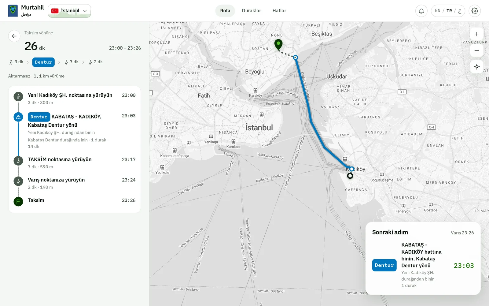 İstanbul’da web uygulaması: Kadıköy’den Taksim’e, Boğaz’ı vapurla geçip Kabataş’a, ardından kısa bir yürüyüş.